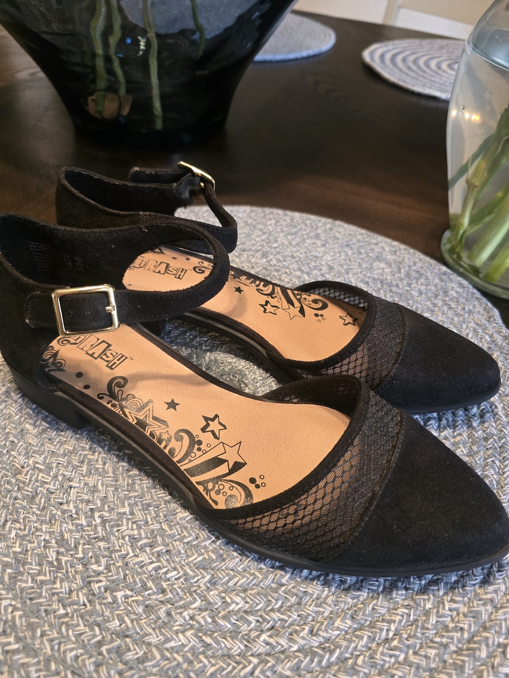 Brash Black Pointed-Toe Ankle Strap Flats